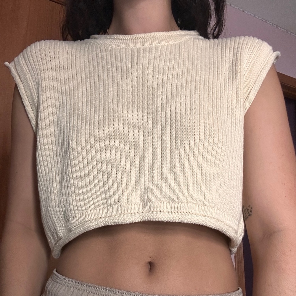 Cream Sleeveless Knit Crop Top
